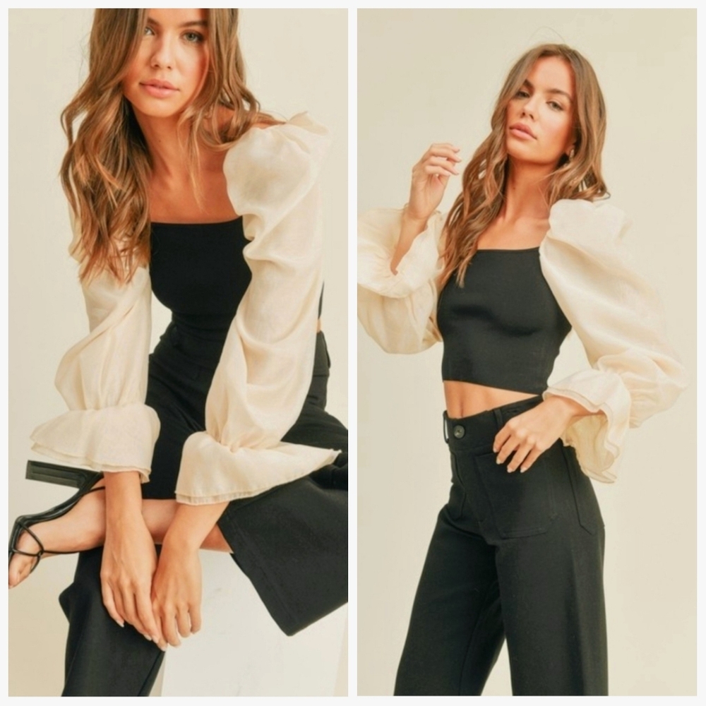 NWT Miou Muse Eloise Puff Sleeve Long Sleeve Top Women's Large Black & Ivory NEW